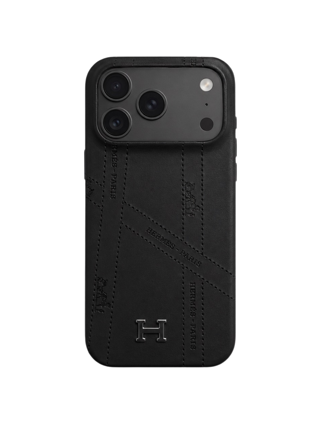 Cover iPhone Stile Selleria – Custodia Elegante con Dettaglio H e Cuciture Nera